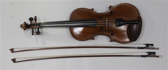 A violin stamped Thompsons London, length of back 35.2cm, cased
